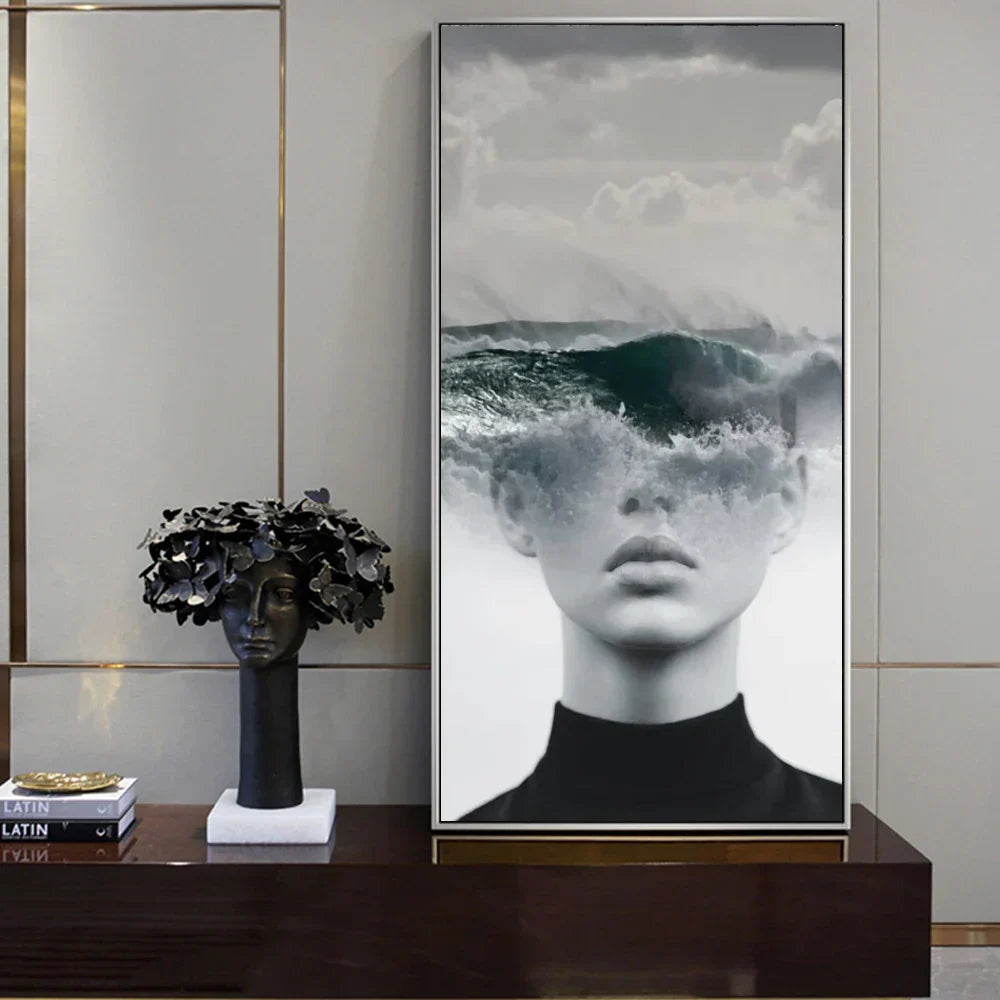 Modern Abstract Portrait Superposition Landscape Wall Art Canvas Print B&W Art for Modern Living Room Entryway Foyer Decor (Unframed) | Skanto