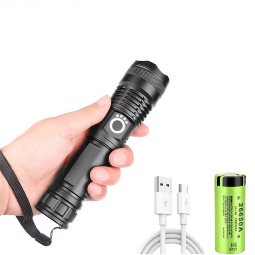 Skanto | Høy-effekt LED taktisk lommelykt, USB oppladbar, zoombar lysstråle, 5 lysmodus, vanntett, passer 26650 batteri