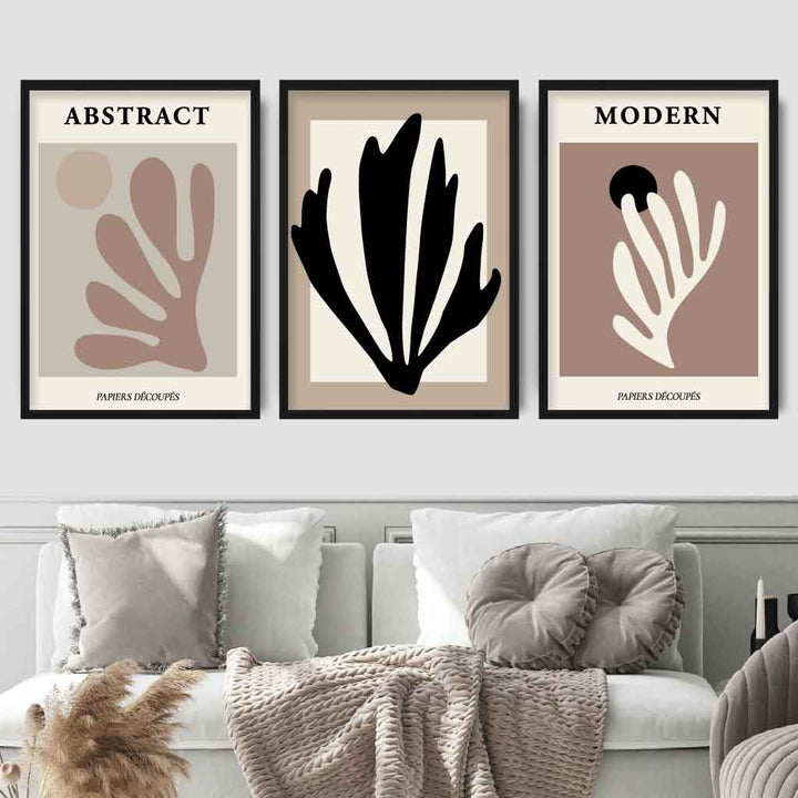 Abstrakt moderne veggkunstsett i Matisse-stil, svart, beige, sett med 3