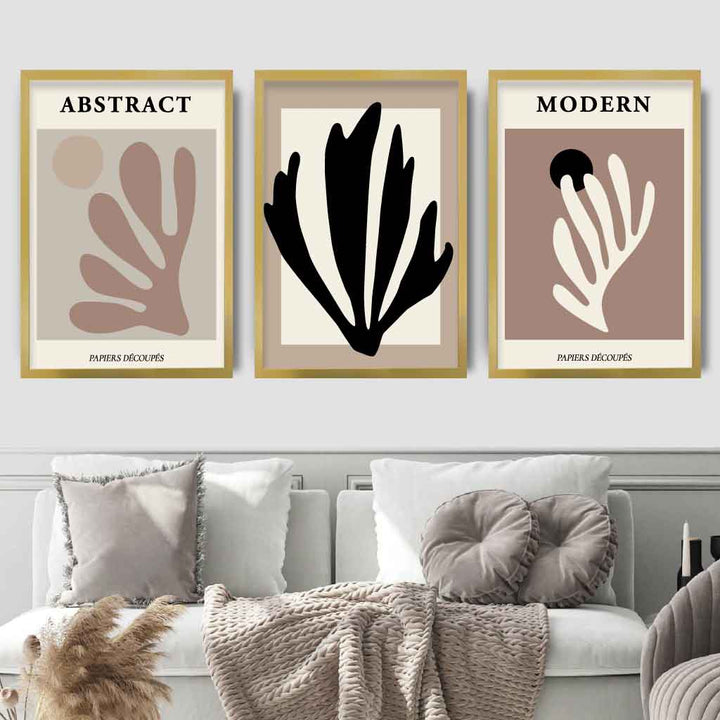 Abstrakt moderne veggkunstsett i Matisse-stil, svart, beige, sett med 3
