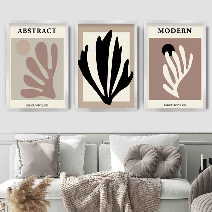 Abstrakt moderne veggkunstsett i Matisse-stil, svart, beige, sett med 3