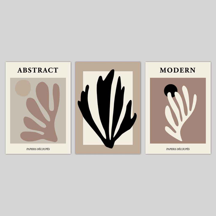 Abstrakt moderne veggkunstsett i Matisse-stil, svart, beige, sett med 3