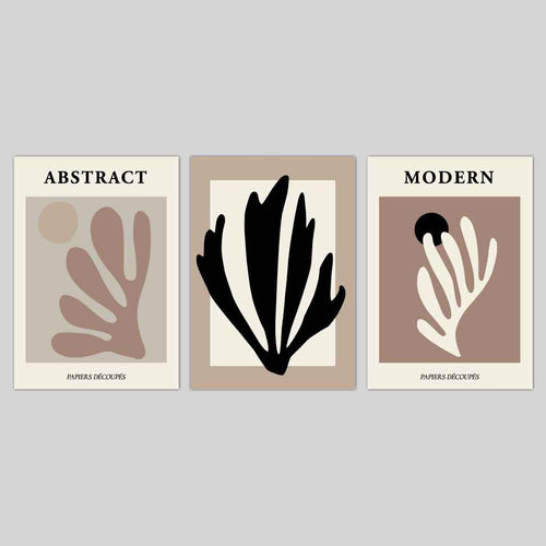 Abstrakt moderne veggkunstsett i Matisse-stil, svart, beige, sett med 3