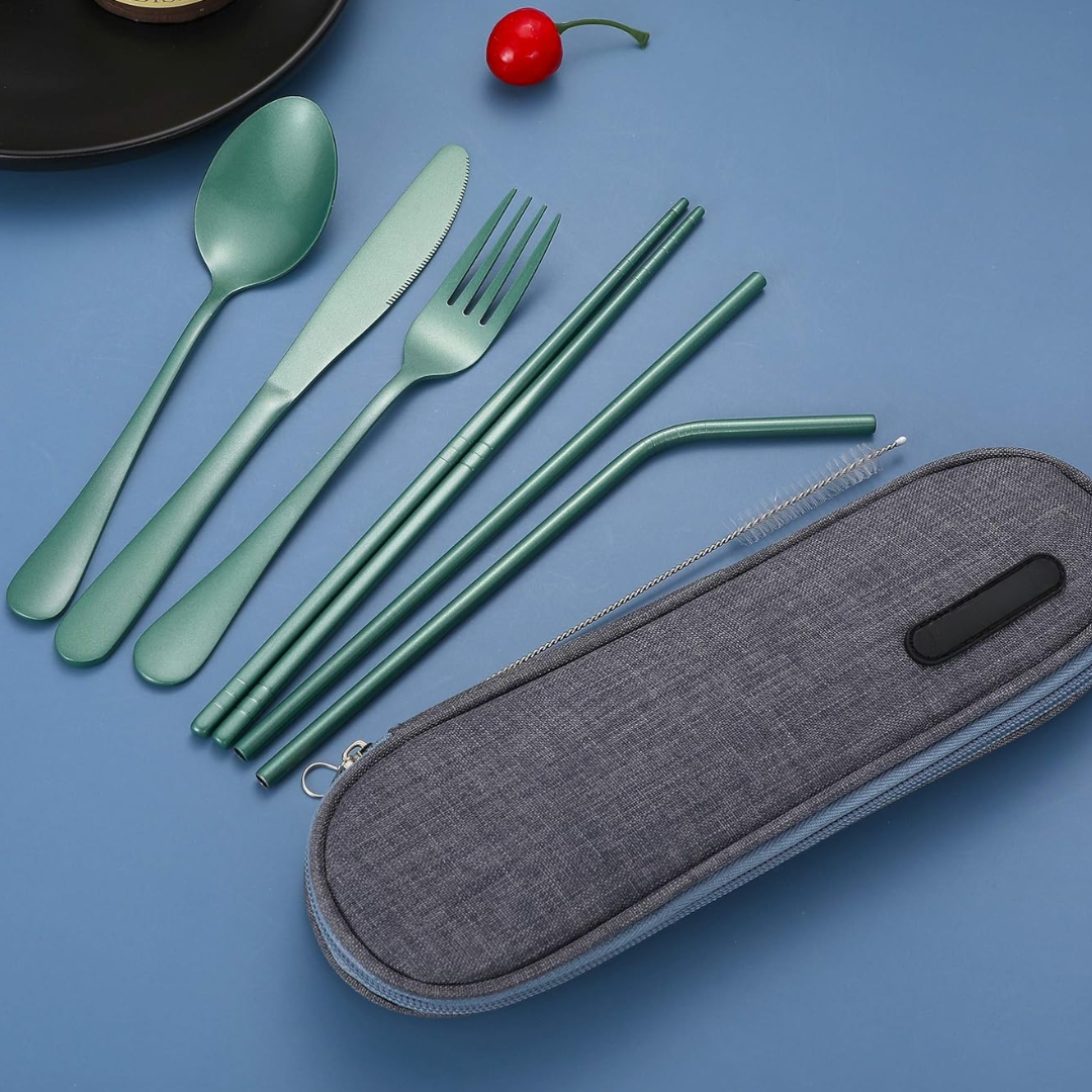 Norvo | Bestikksett GoCutlery | 4-delt for på farten | Rustfritt stål & BPA-fritt | Med transportcase