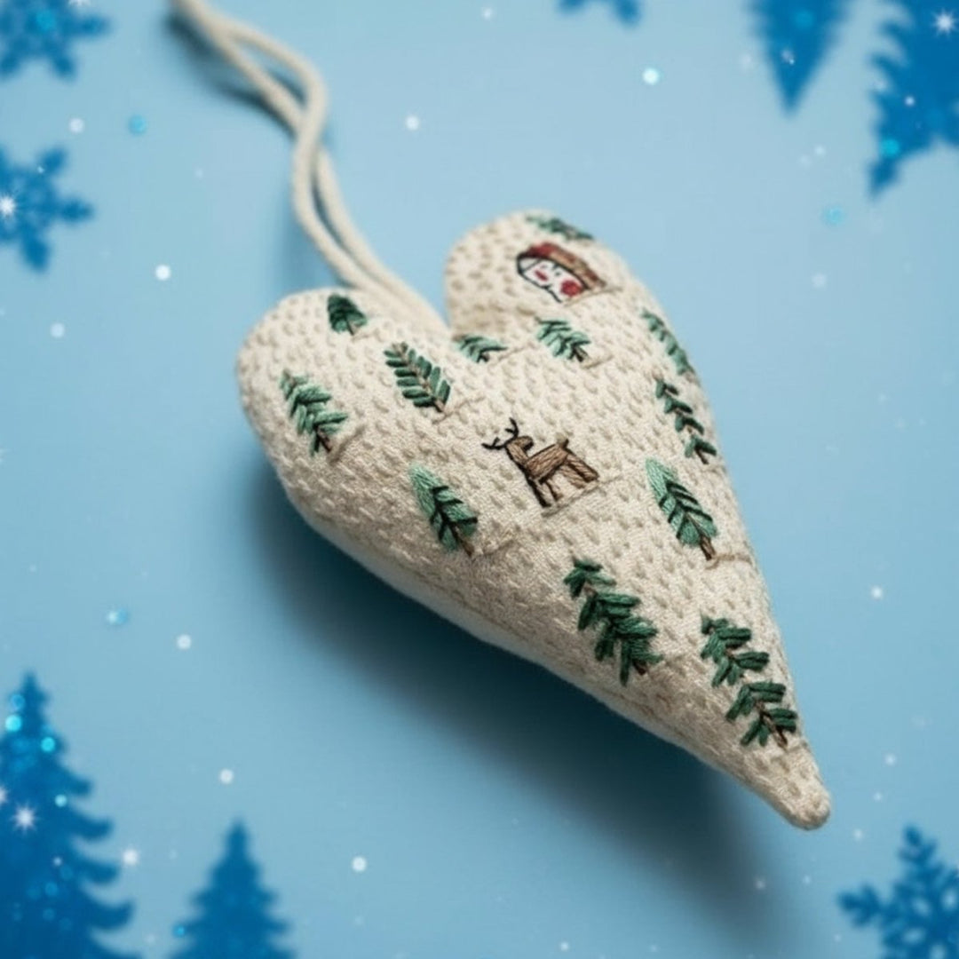 Skanto | DIY broderisett for hjerteformede juledekorasjoner med stoff, tråd og nåler