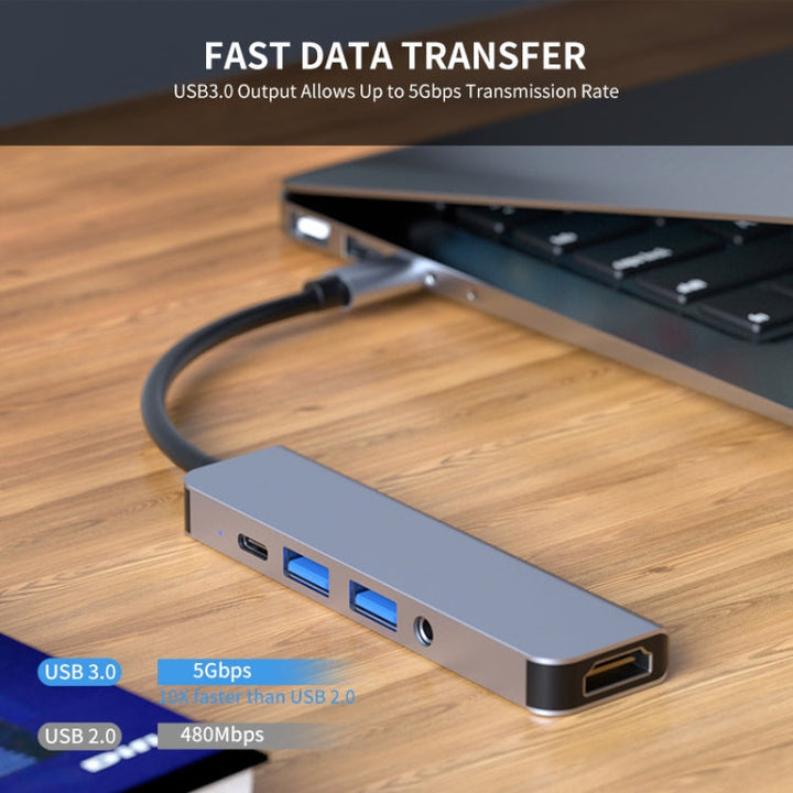 Skanto | ENKAY Hatt-Prince 5 i 1 Type-C Hub 4K HDMI Konverter Dockingstasjon 3.5mm Lydjack Adapter