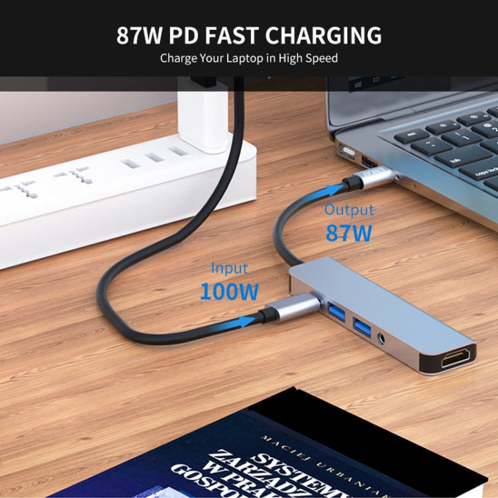 Skanto | ENKAY Hatt-Prince 5 i 1 Type-C Hub 4K HDMI Konverter Dockingstasjon 3.5mm Lydjack Adapter
