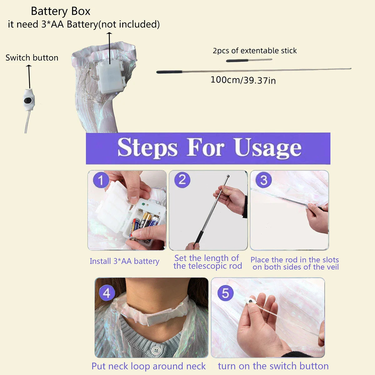 Norvo | LED Vinge Kostyme LumiWings | Lysende Fe-Cape | 140 cm / 110 cm | Med Teleskopstenger & Strømbryter | For Scene, Fest & Show