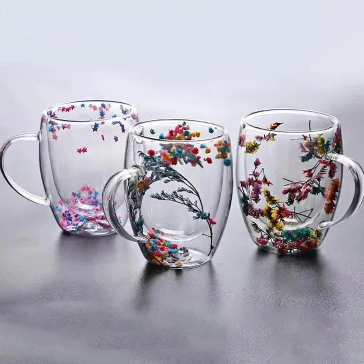 2stk Tørkede Blomster Dobbelveggs Glasskopp