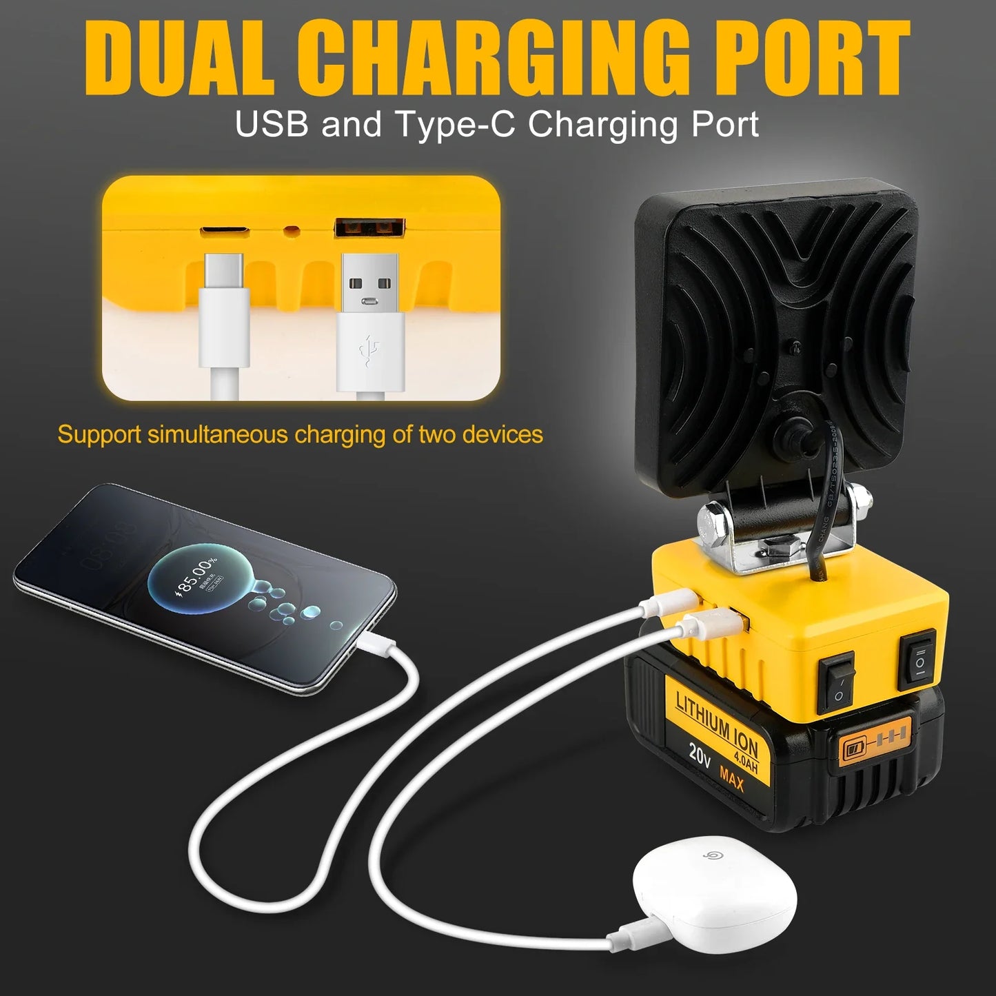 Norvo | PowerLuma 48 LED Arbeidslys | 48W Batterikonstruksjonsspotlight | 5200 Lumen | USB-C Laderport | For DeWalt Batterier (uten batteri)