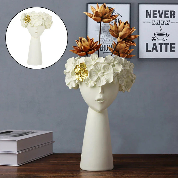 Skanto | Nordic Girl Hode Blomst Harpiks Vase Statue Blomster Vaser for Kontor Skrivebord Tørkede Blomster Ornamenter Dekor Beholder