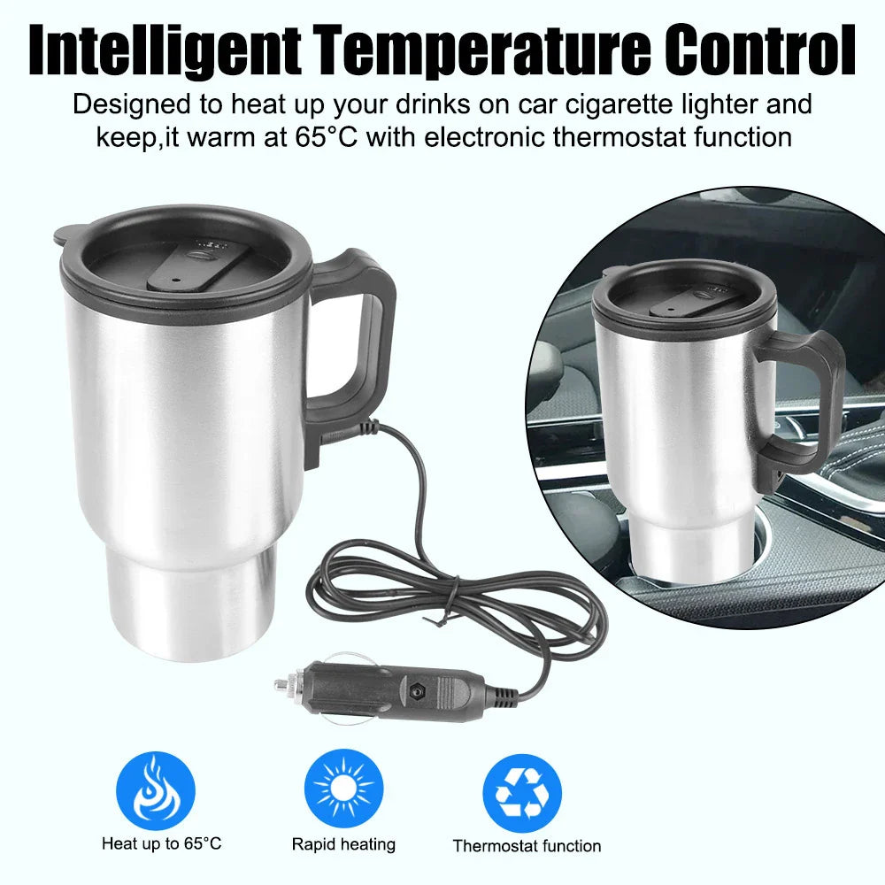 Norvo | 12V Elektrisk varmtvannskjele for bil - 450ml rustfritt stål termokopp for vann, kaffe, melk - Reiser & Camping