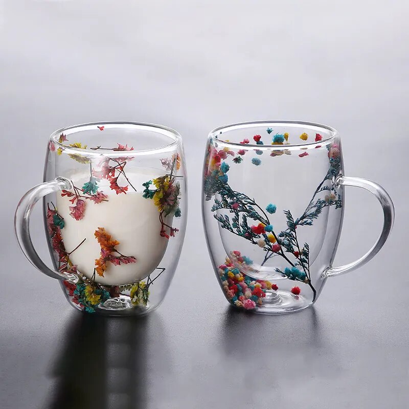 2stk Tørkede Blomster Dobbelveggs Glasskopp