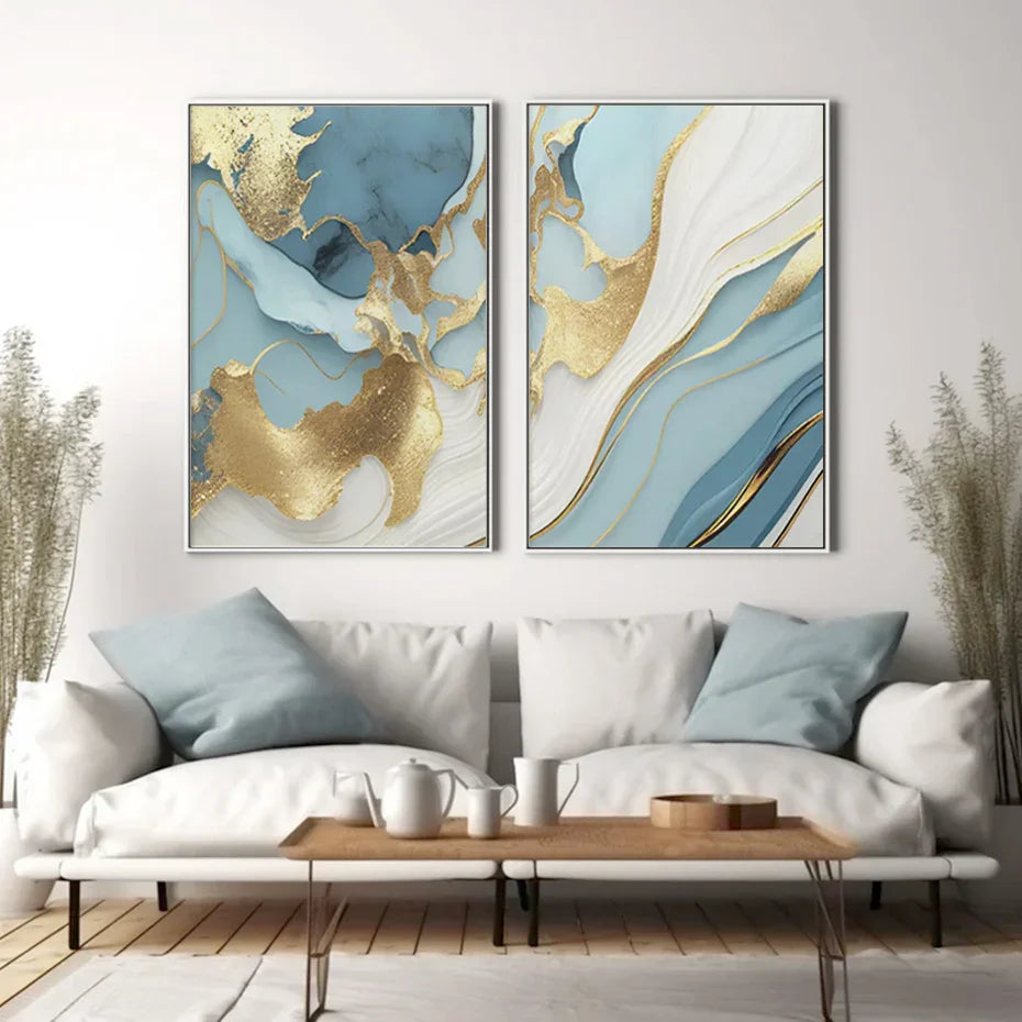 Modern Abstract Gold Blue Fluid Marble Print Wall Art Fine Art Canvas Prints Pictures For Living Room Bedroom Nordic Home Decor | Skanto