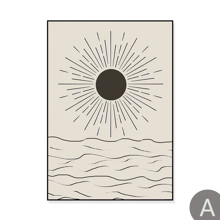 Sun Sea Circle Minimalist Line Art Black White Wall Art Fine Art Canvas Prints Pictures For Modern Living Room Bedroom Home Decor | Skanto