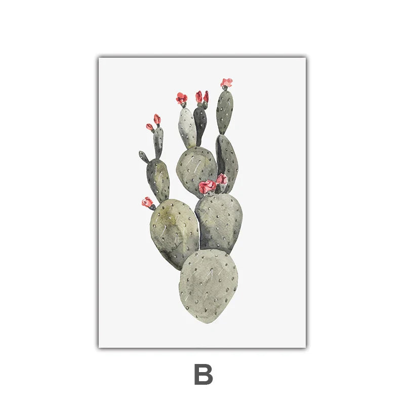 Minimalist Watercolor Cactus Potted Plant Green Leaves Wall Art Fine Art Canvas Prints Pictures for Dining Room Living Room Art Decor | Skanto