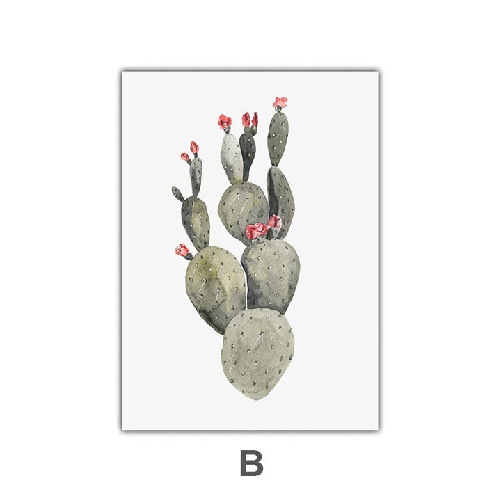 Minimalist Watercolor Cactus Potted Plant Green Leaves Wall Art Fine Art Canvas Prints Pictures for Dining Room Living Room Art Decor | Skanto