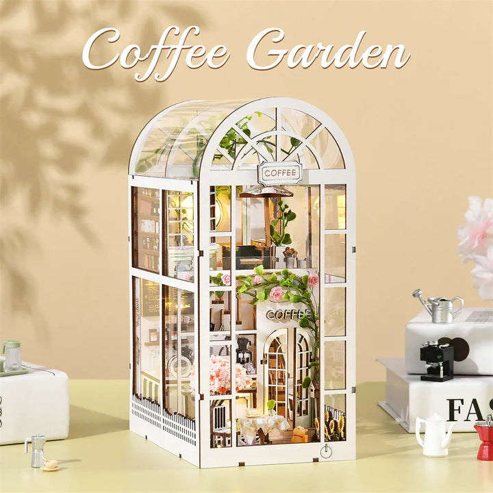 Skanto | SoleCaffè DIY Bokhylle | Miniatyr Kaffehus 3D Trebyggesett | Med LED-belysning | Kreativ Bokhylla Diorama & Gaveidé