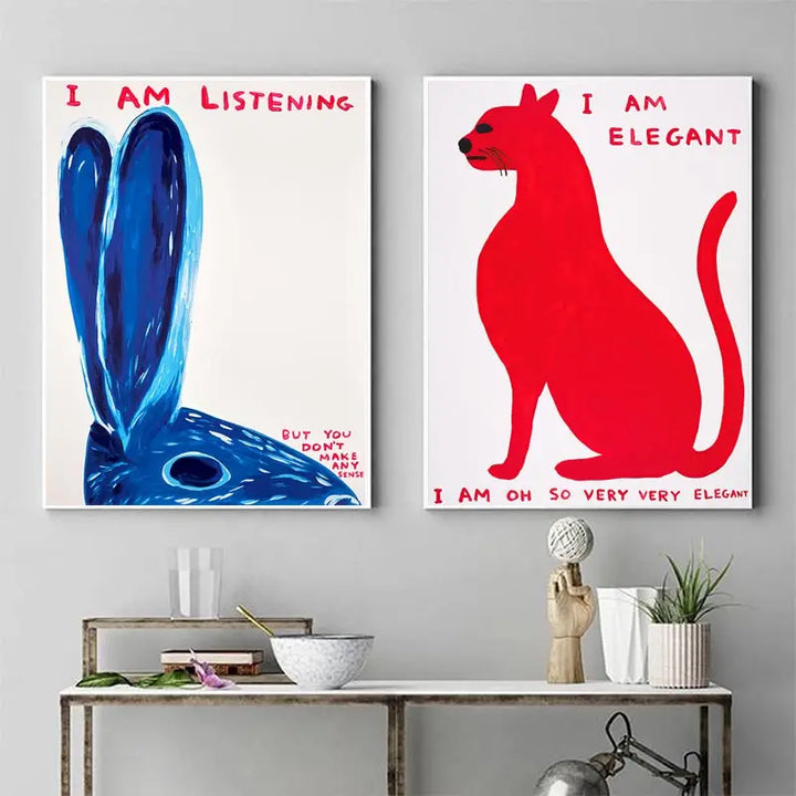 Skanto | David Shrigley Kanin Katt Vin Kjekks Rask Veggkunst Abstrakte Trykk Lerret Maleri Nordisk Plakat Bilder Stue Dekor