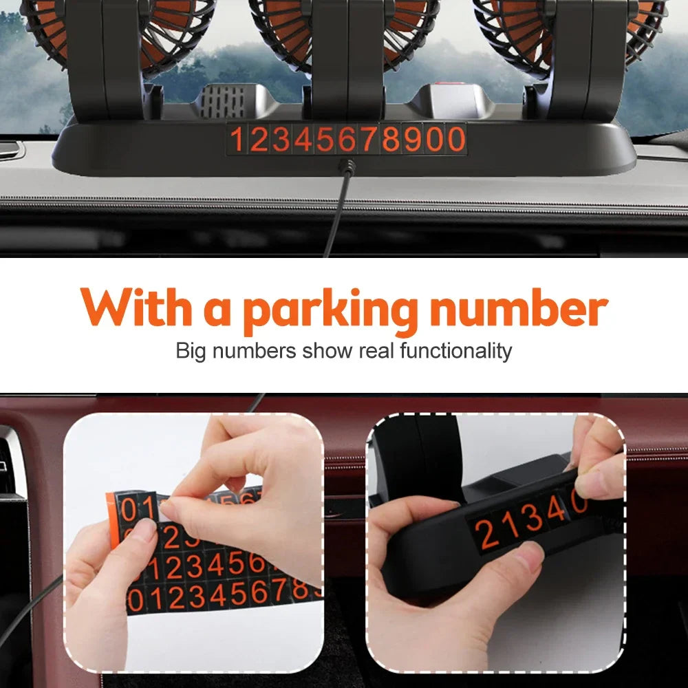360° Justerbar Bilvifte - 3-Hodet Automotiv Elektrisk Vifte - USB/12V/24V - 2 Hastigheter - Stille Kjøling for Hjem, Skrivebord, Kontor & Bil | Skanto