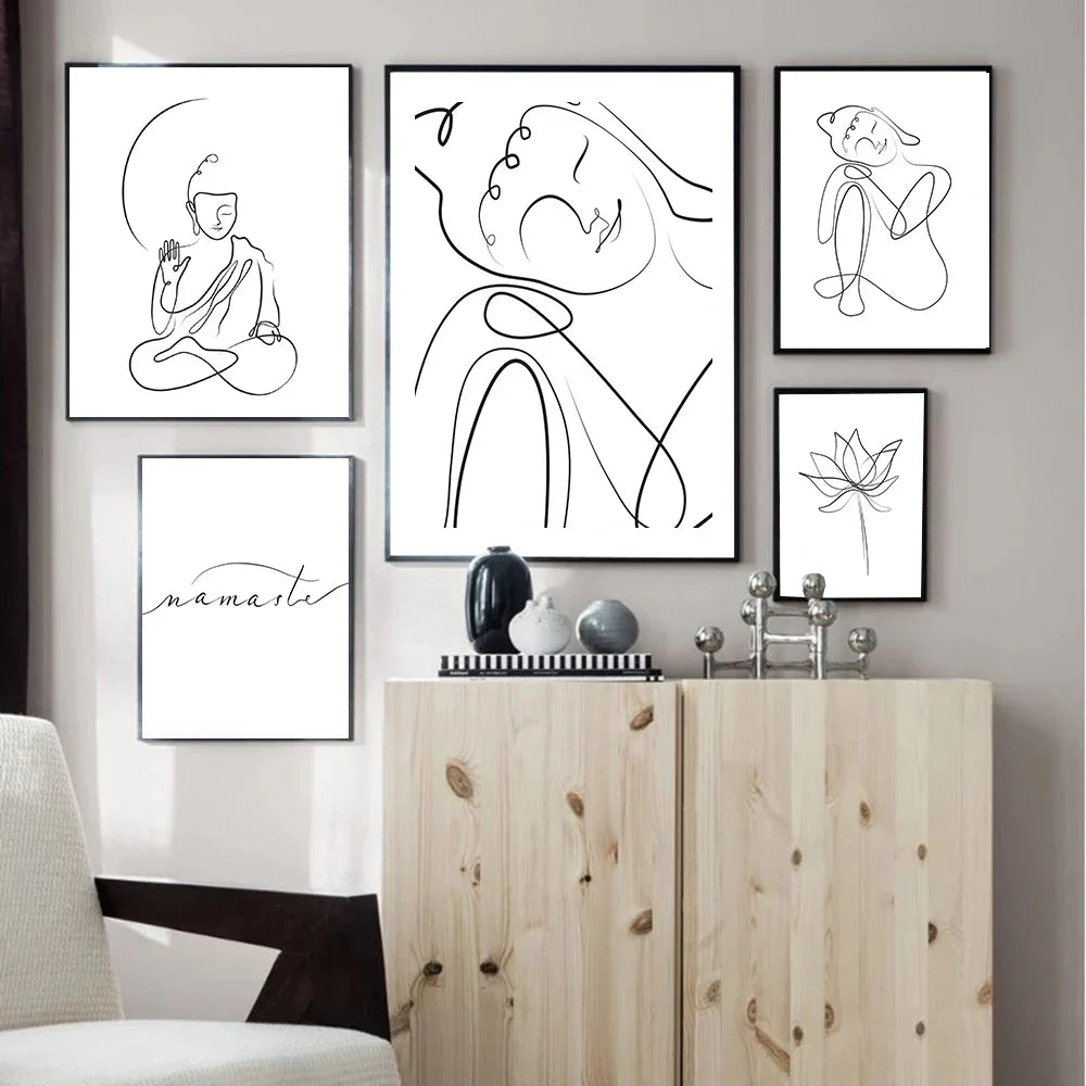 Minimalist Buddha Poster Lotus Wall Art Line Art Fine Art Canvas Prints Inspiring Meditation Pictures for Living Room Lounge Spa Wall Decor | Skanto