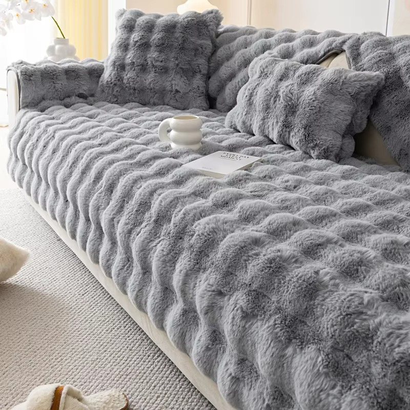 Skanto | Plysj bobletekstuert kunstpels sofa trekk - Antiskli putetrekk for stue