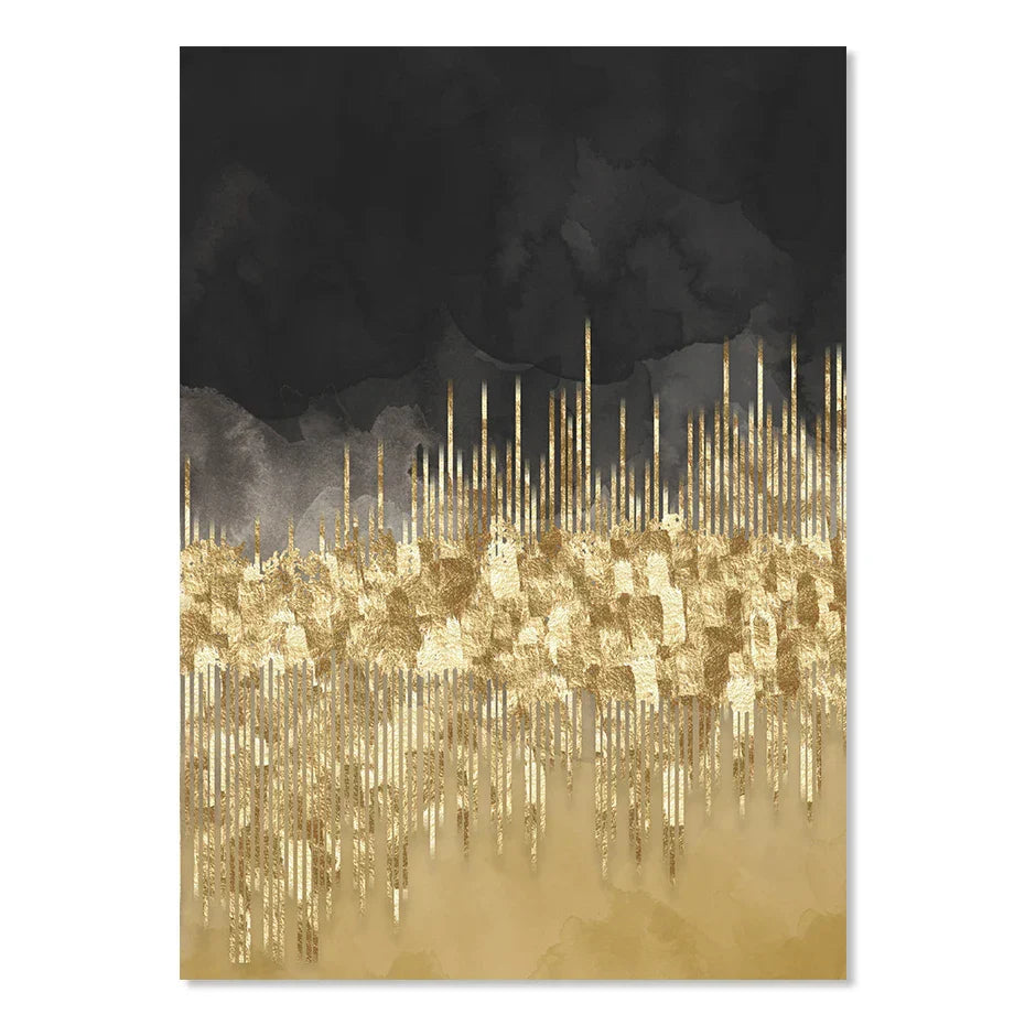 Abstract Golden Cityscape on Black Watercolor Canvas Print Wall Art Light Luxury Pictures for Living Room Bedroom Home Office Decor | Skanto