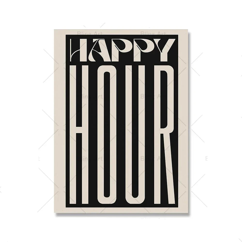 Retro Typographic Happy Hour Bar Cafe Kitchen Wall Art Fine Art Canvas Prints Pictures for Living Room Dining Room Colorful Art Decor | Skanto