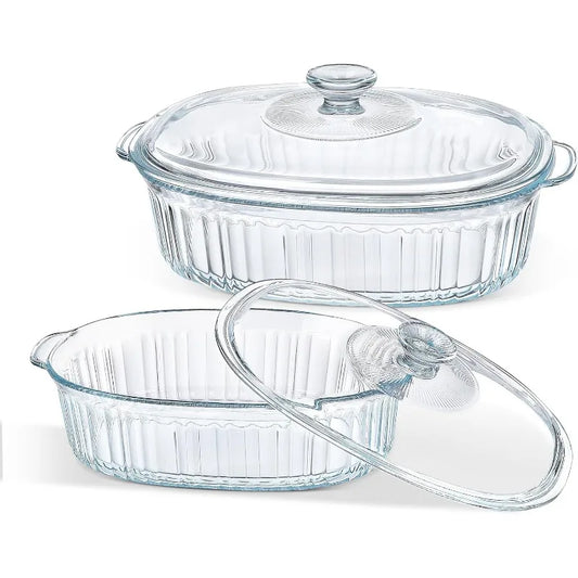 Norvo | 4-delt Glass Bakeware Sett med 2 Bakeware Retter med Glasslokk, 1.9 Qt og 3 Qt