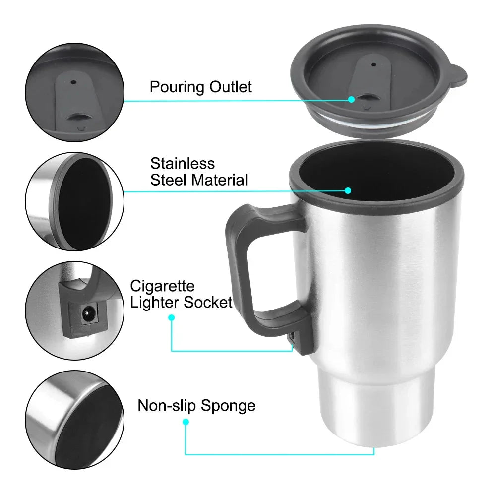 Norvo | 12V Elektrisk varmtvannskjele for bil - 450ml rustfritt stål termokopp for vann, kaffe, melk - Reiser & Camping