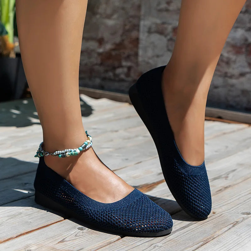 Skanto | Kvinner Rundtå Flat Sko Solid Farge Strikket Tøfler Casual Pustende Ballett Flats Kvinner Flat Sko Loafers Kvinner