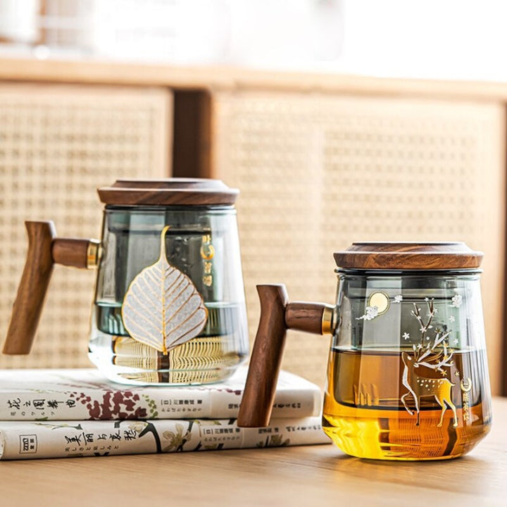 Premium Glass Tea Cup with Filter and Wooden Handle, 470ml | Skanto
