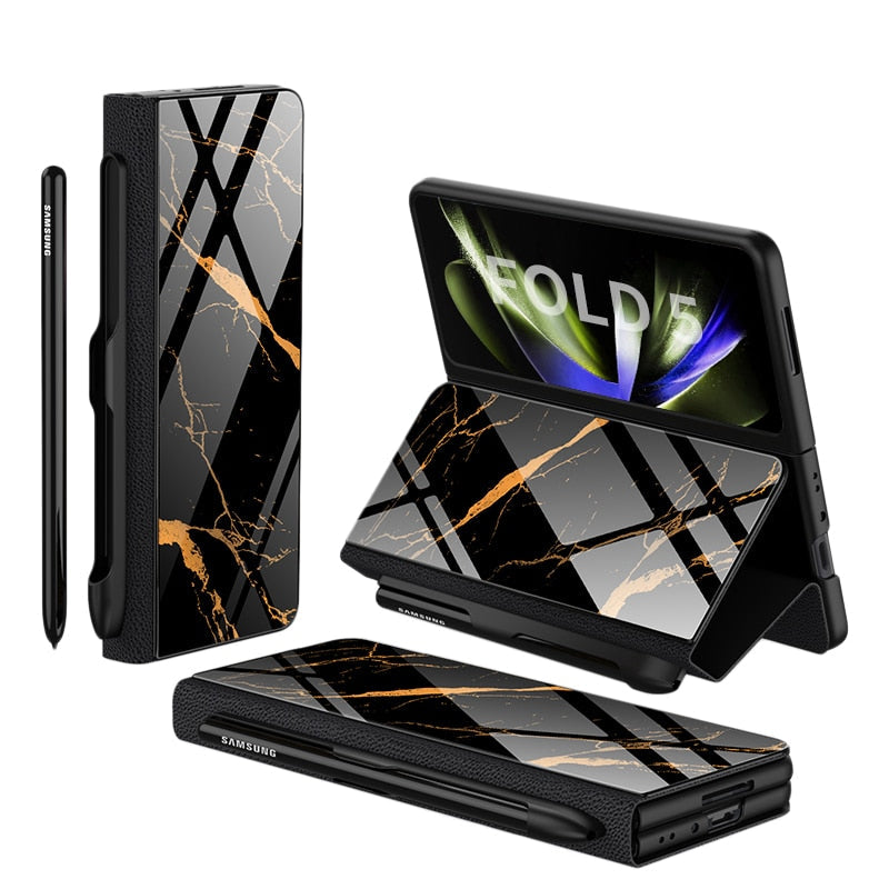 Skanto | Støtbestandig Rustningssak Glassdeksler Stativ Sett Inn Kort Lærsak for Samsung Galaxy Z Fold 5/4