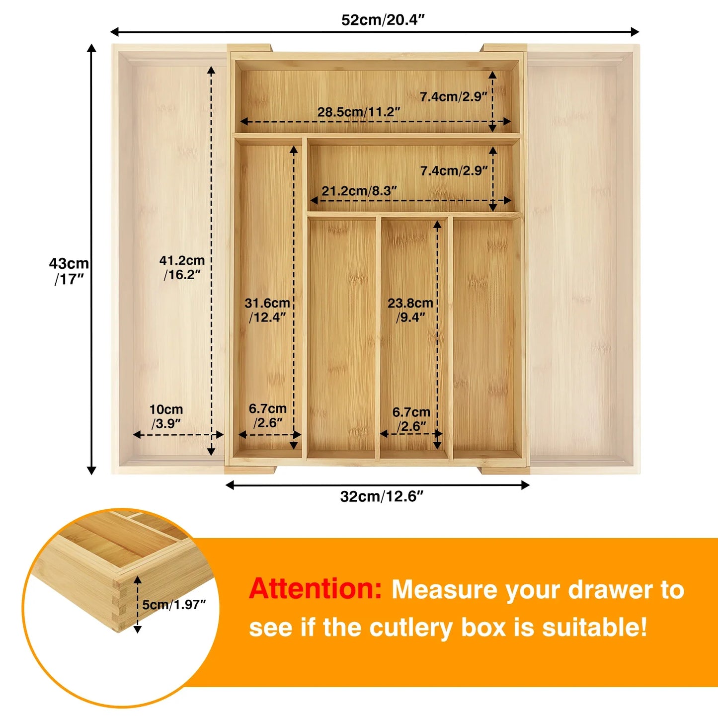 Norvo | Bambusio bestikkholder laget av bambus | Utvidbar 32–52 cm | 6–8 rom | Bærekraftig skuffinnsats for kjøkken, bad og kontor