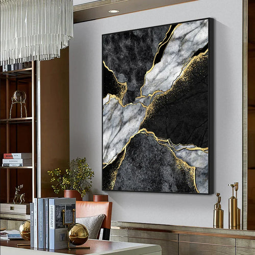 Modern Abstract Black Gray Gold Geode Marble Print Wall Art Fine Art Canvas Print Pictures For Luxury Apartment Living Room Home Office Decor | Skanto