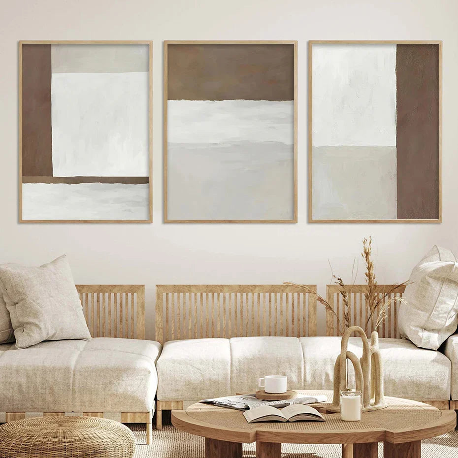 Abstract Brown Gray Beige Minimalist Geometric Wall Art Fine Art Canvas Prints Neutral Color Pictures for Modern Living Room Home Decor | Skanto