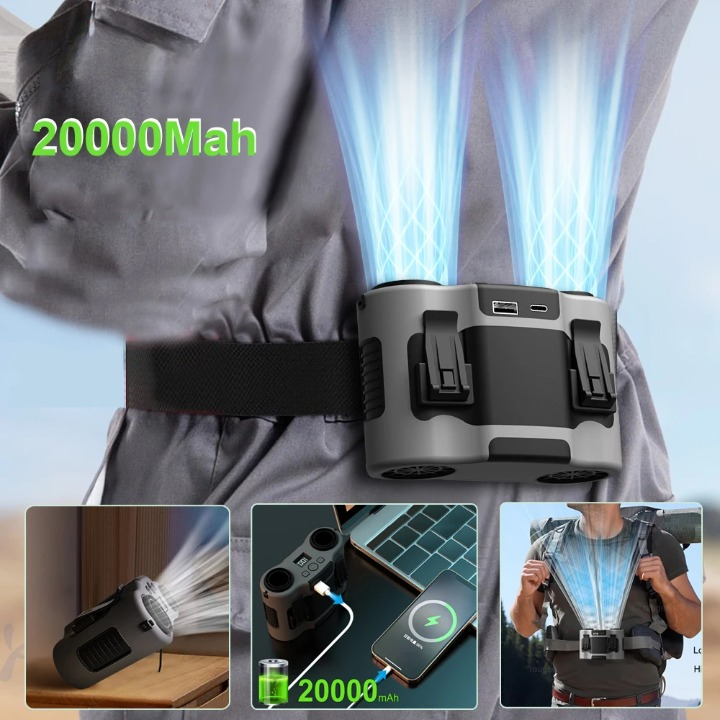 Skanto | Bærbar midje-klipsvifte med dual luftuttak & 20 000 mAh batteri – BreezeMate