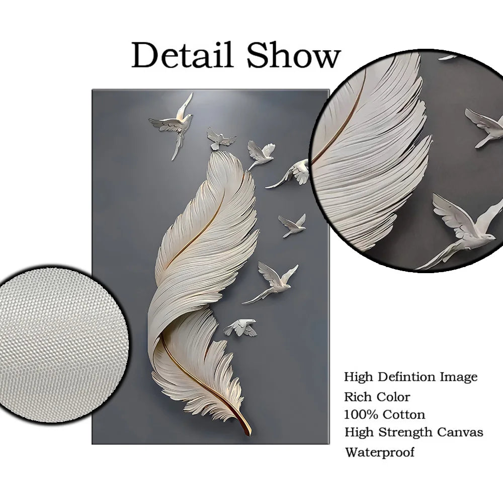 Seven Birds Feather Wall Art Fine Art Canvas Prints 3D Visualization Minimalist Abstract Pictures for Living Room Entrance, Foyer Art Decor | Skanto
