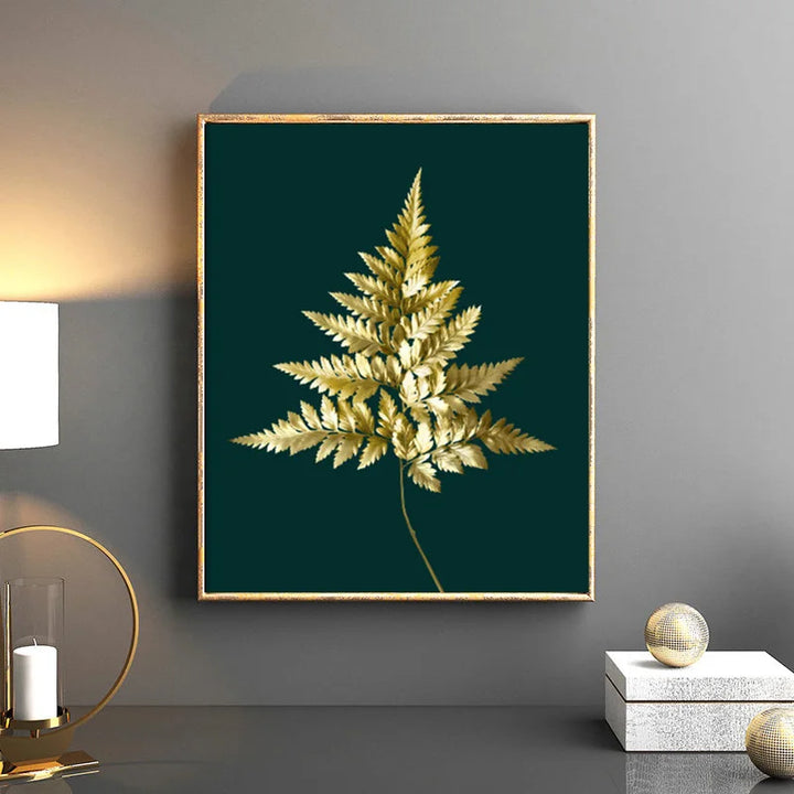 Abstract tropical botanicals golden leaves wall art artistic canvas prints pictures for living room dining room light luxurious interior decor | Skanto