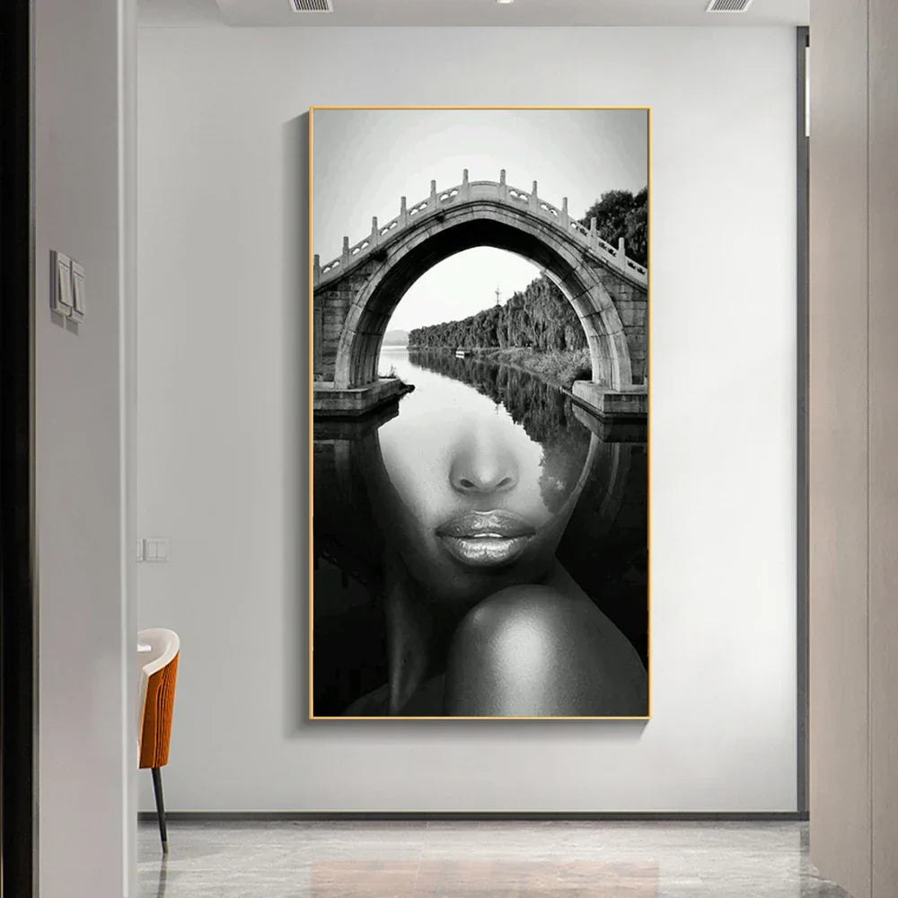 Modern Abstract Portrait Superposition Landscape Wall Art Canvas Print B&W Art for Modern Living Room Entryway Foyer Decor (Unframed) | Skanto