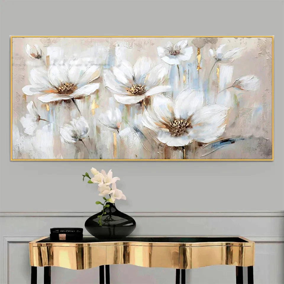 Large White Flower Abstract Wall Art Fine Art Canvas Prints Modern Botanical Pictures For Living Room Hotel Room Bedroom Art Decor | Skanto
