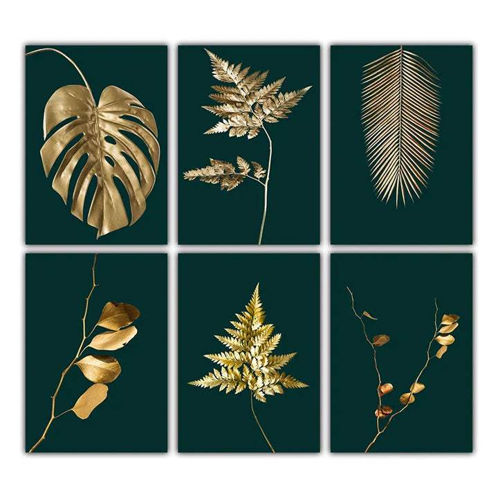 Abstract tropical botanicals golden leaves wall art artistic canvas prints pictures for living room dining room light luxurious interior decor | Skanto