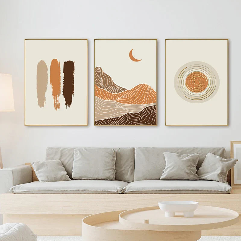 Abstract Geometric Taupe Terracotta Landscape Sun Moon Wall Art Fine Art Canvas Print Pictures For Living Room Bedroom Decor | Skanto