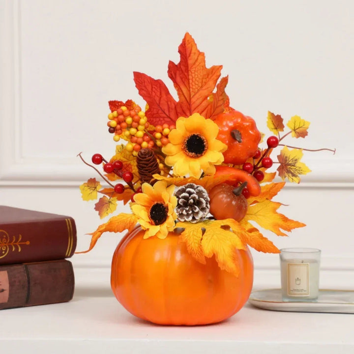 Skanto | Høstmagi | Dekorativ gresskar med kunstige blomster | 25–30 cm | Høst- og Halloween-dekor