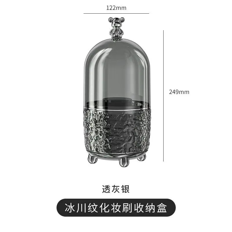 Norvo | Lumora Sminkebørste Organizer med Lokk | Støvtett & Rotérbar | For Børster, Leppestifter & Parfyme | 360° Rotasjon | Sølv/Grå