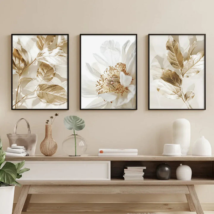 Modern White & Gold Floral Wall Art Fine Art Canvas Prints Pictures for Living Room, Dining Room, Bedroom Art Decor (Set of 3) | Skanto