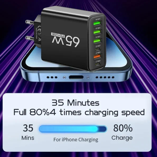 Skanto | PowerMax 65W 6-i-1 Hurtiglader – Lader opptil 6 enheter samtidig – Ideell for hjem, kontor og reise