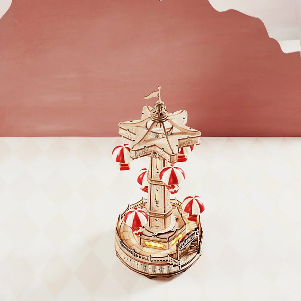 Norvo | ROKR Parachute Tower Musikkboks | 3D Trepuzzle med Bevegelse & Lys | DIY Sett 184 Biter | Magisk Karneval for Barn & Voksne