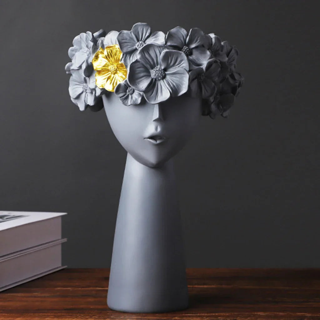 Skanto | Nordic Girl Hode Blomst Harpiks Vase Statue Blomster Vaser for Kontor Skrivebord Tørkede Blomster Ornamenter Dekor Beholder