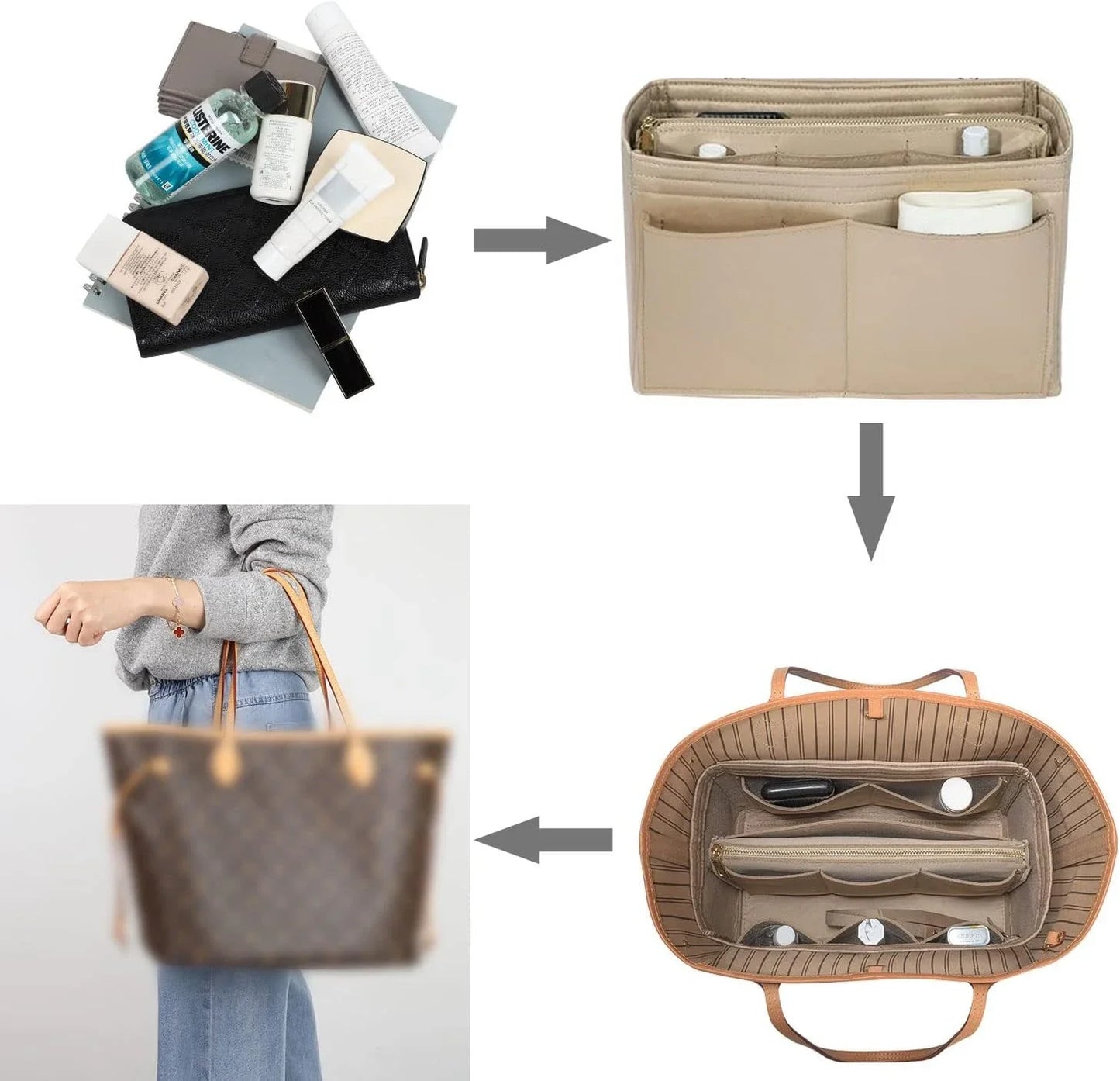 Norvo | TaschenLuxe Organizer Inlay | Filtinnsats med glidelås | 15 lommer & nøkkelstropp | For håndvesker & shoppingposer